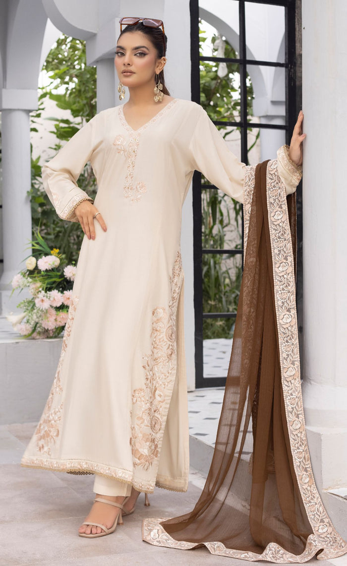 Linen - Embroidered - Winter- Off White - ANU