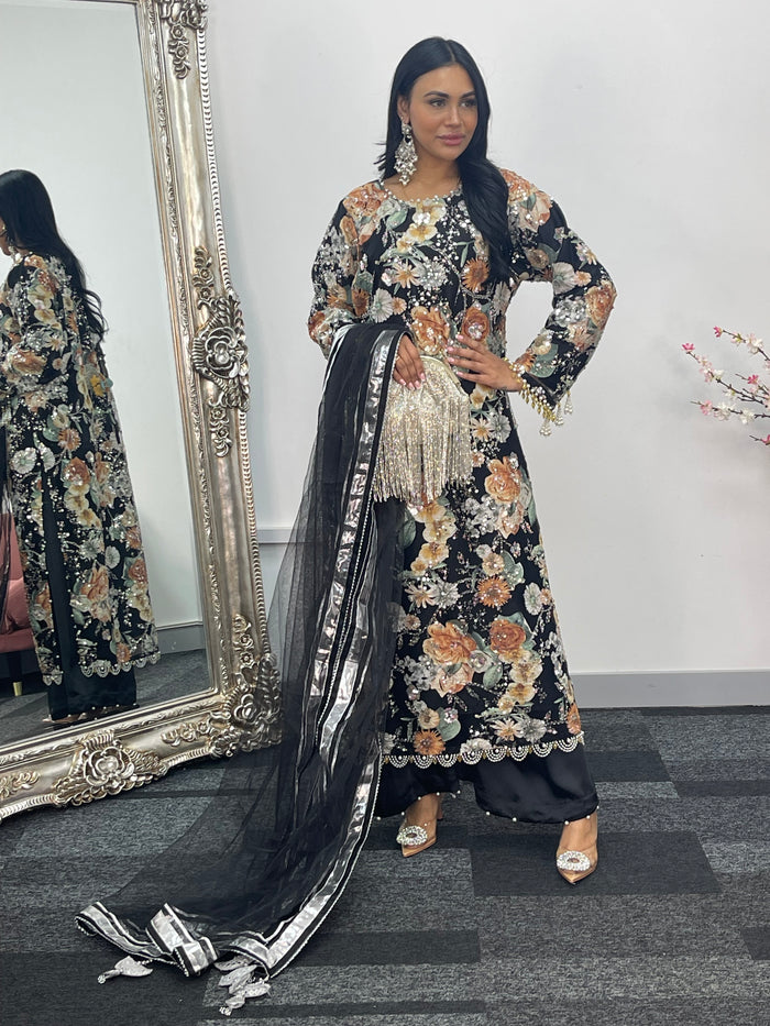 Kareena - Floral cutdana - Karina - Black Orange - B
