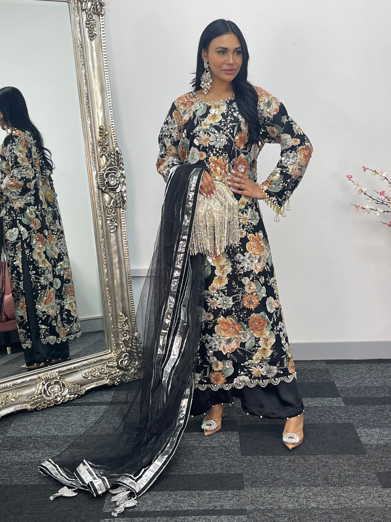 Kareena - Floral cutdana - Karina - Black Orange - B