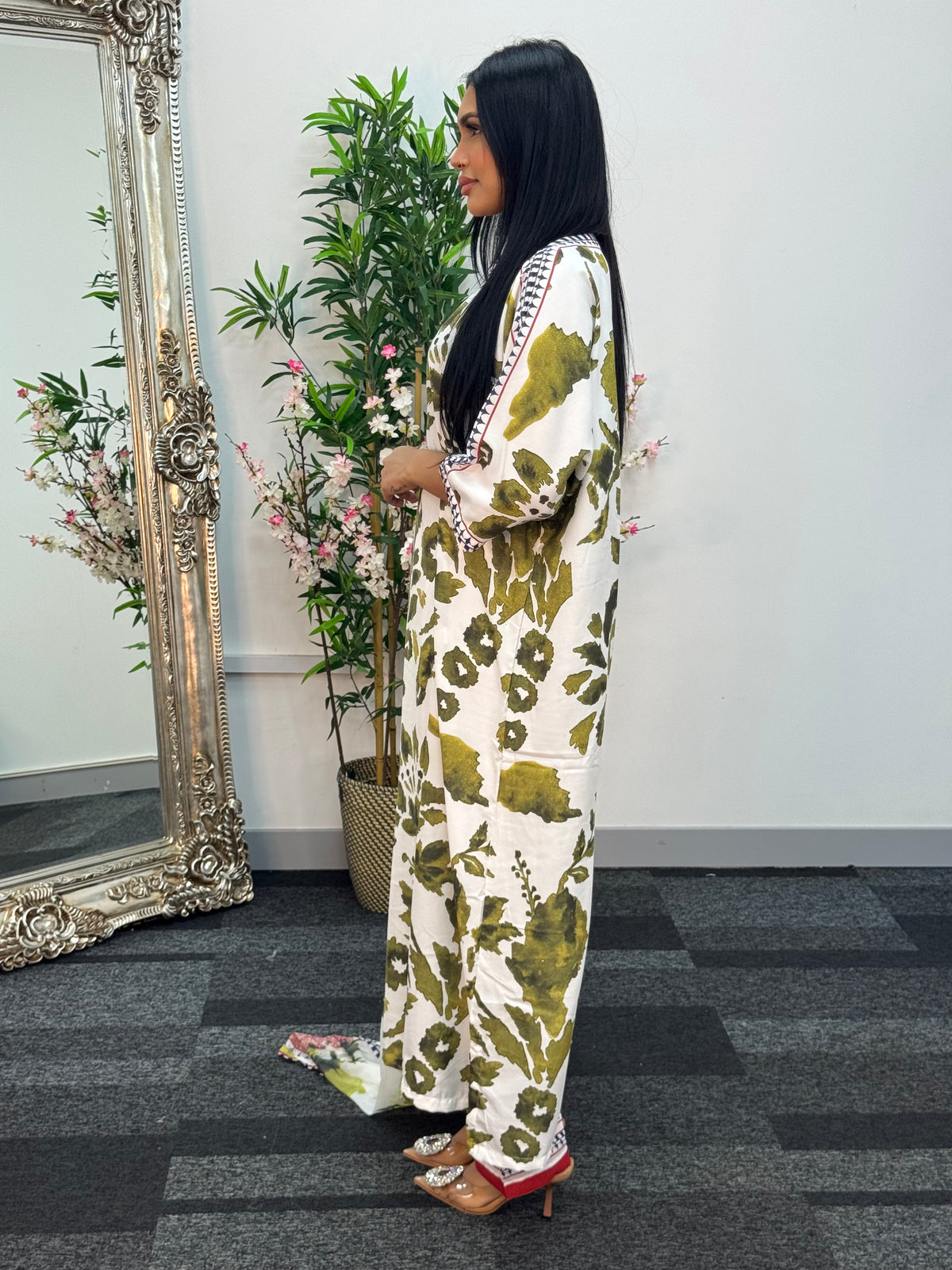 Swiss silk printed kaftan style dress - Green Kaftaan - 3pc