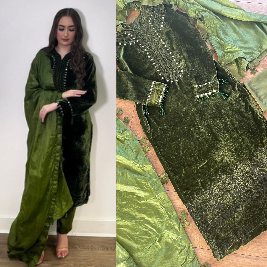 “Olivia” Sheesha X Velvet Olive Green Plachi Daman with silk dupatta winter - Rang de Boutique