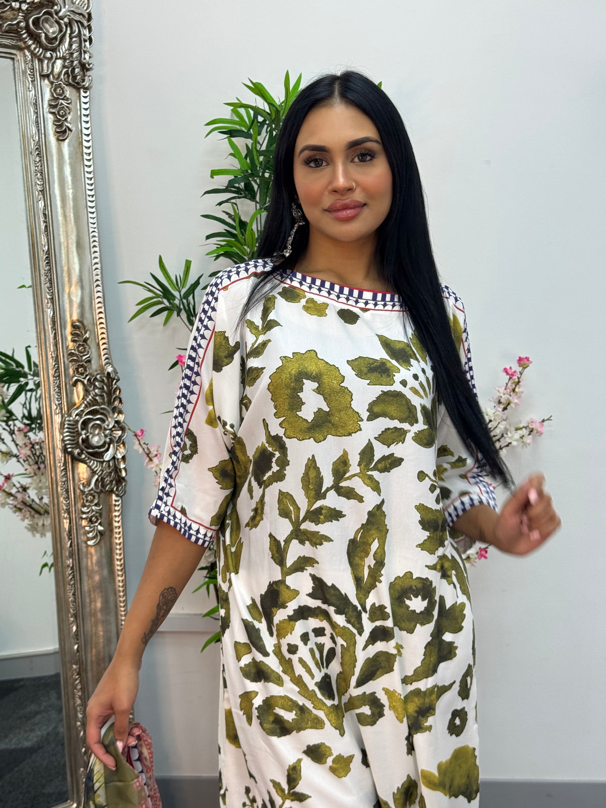 Swiss silk printed kaftan style dress - Green Kaftaan - 3pc