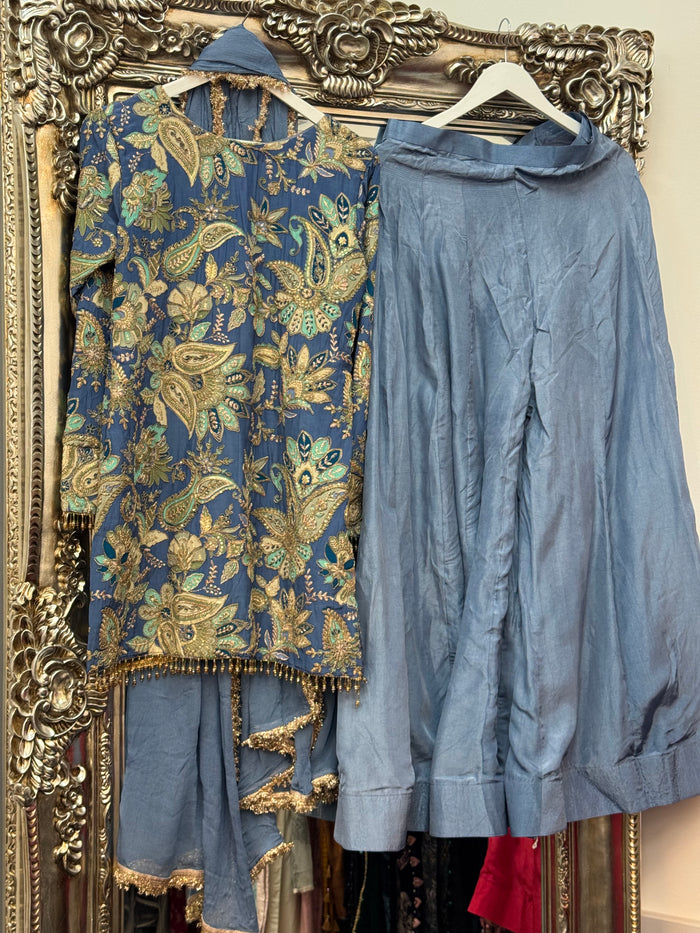 Phoolwari - Armani Silk -  Blue Gray