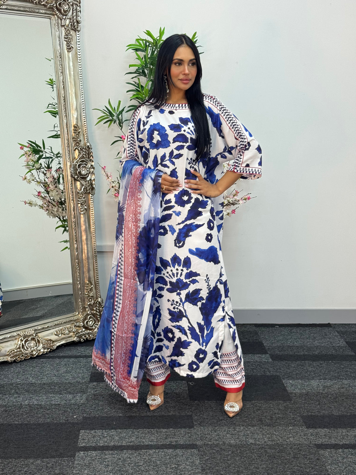 Swiss silk printed kaftan style dress - Blue Kaftaan - 3pc