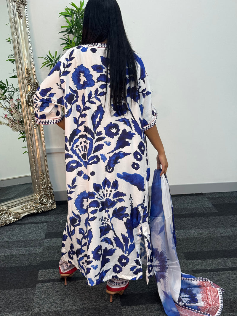 Swiss silk printed kaftan style dress - Blue Kaftaan - 3pc