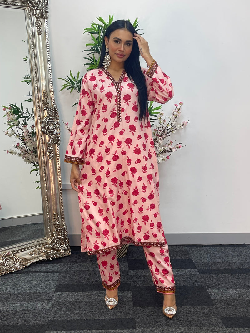 Daily Wear - 2pc Printed Linen - pink Roses
