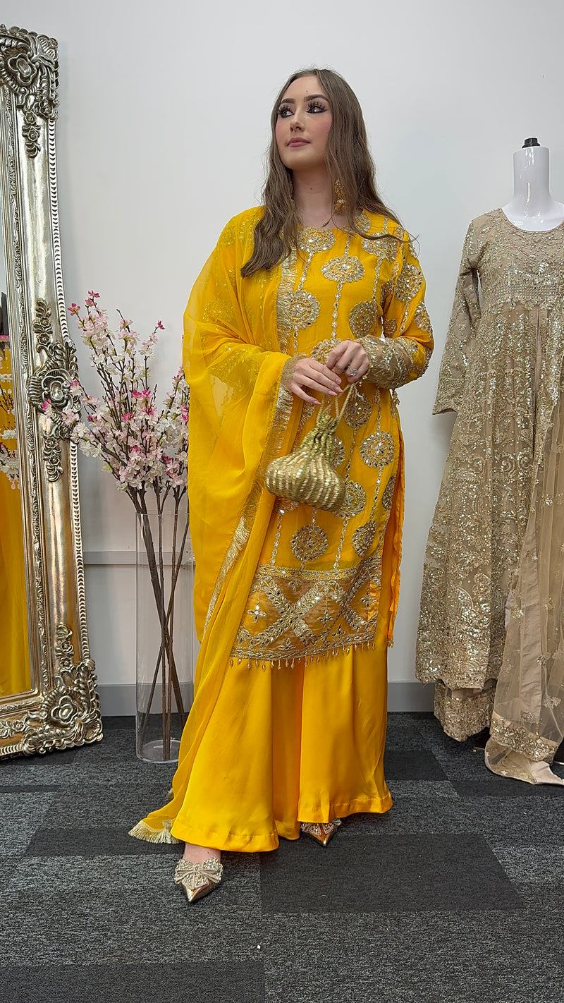 Kiran - Sheesha  Sharara - Yellow - Mehndi Outfit- Party Wear-