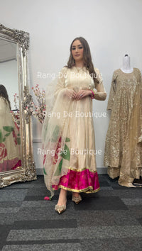 Noor bano - Gold Pishwas with Hand Painted Dupatta -