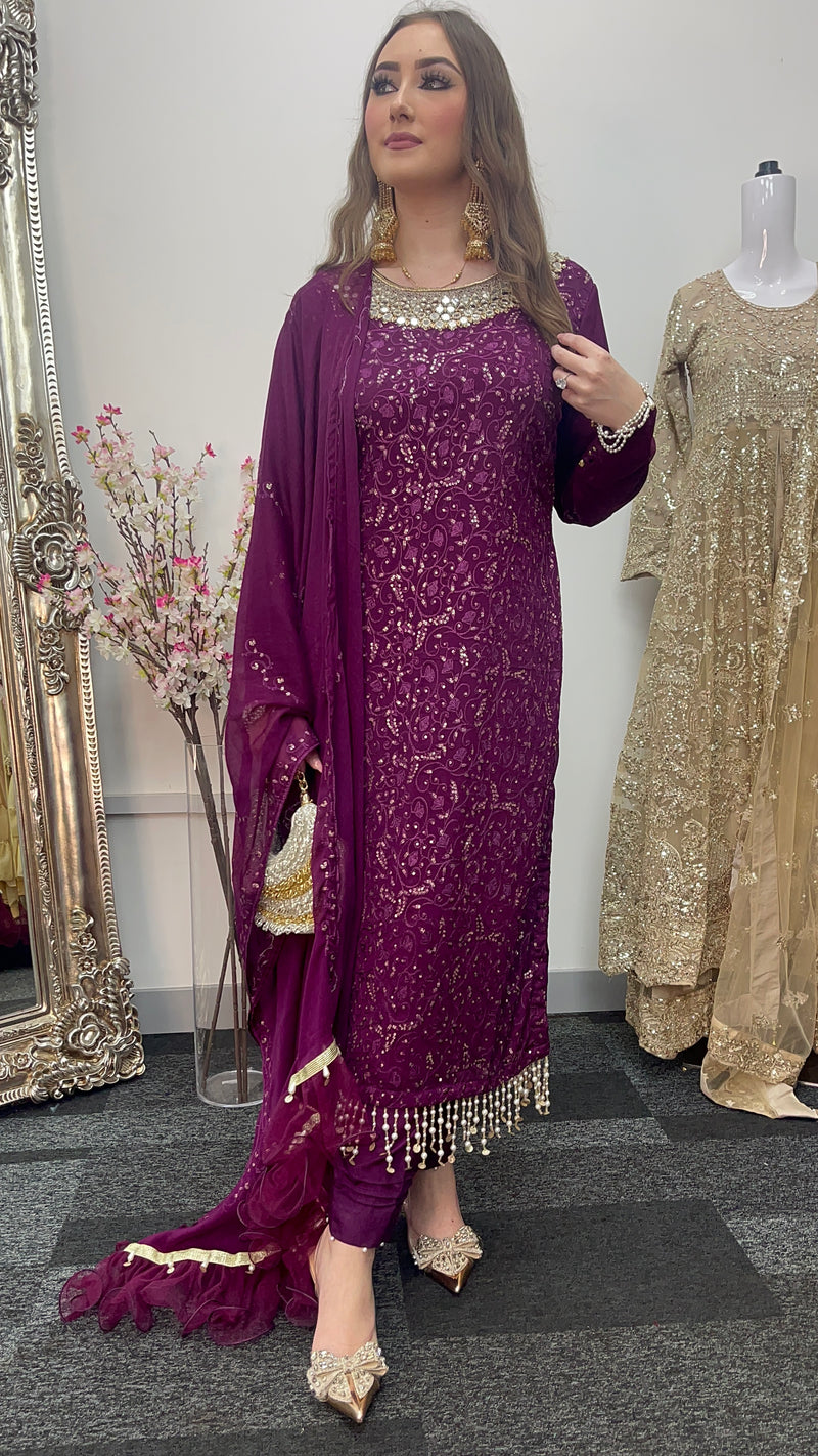 Chamkeeli - Chiffon Party Wear - plum - Purple