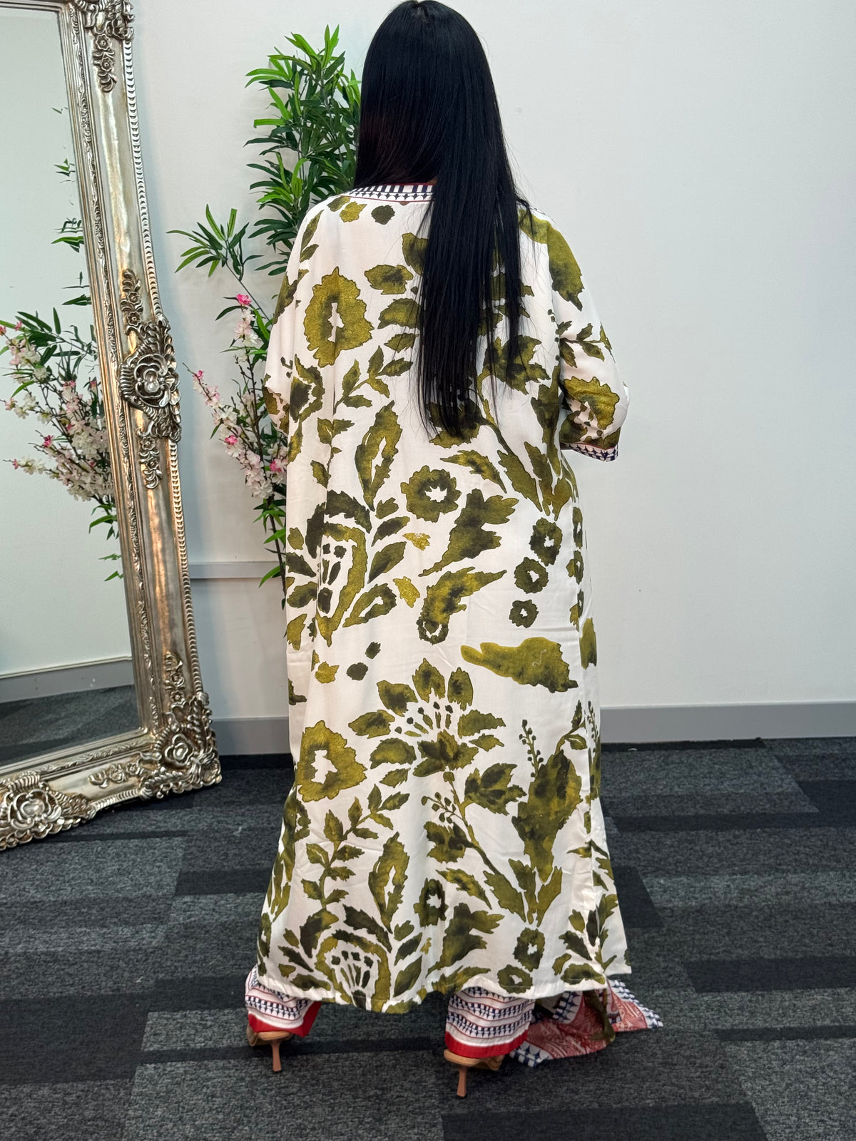 Swiss silk printed kaftan style dress - Green Kaftaan - 3pc