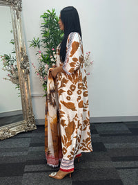 Swiss silk printed kaftan style dress - Brown Kaftaan - 3pc