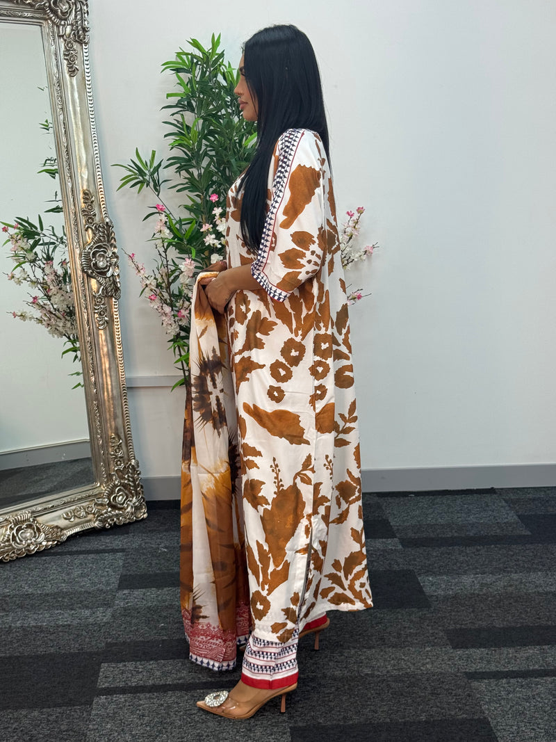 Swiss silk printed kaftan style dress - Brown Kaftaan - 3pc