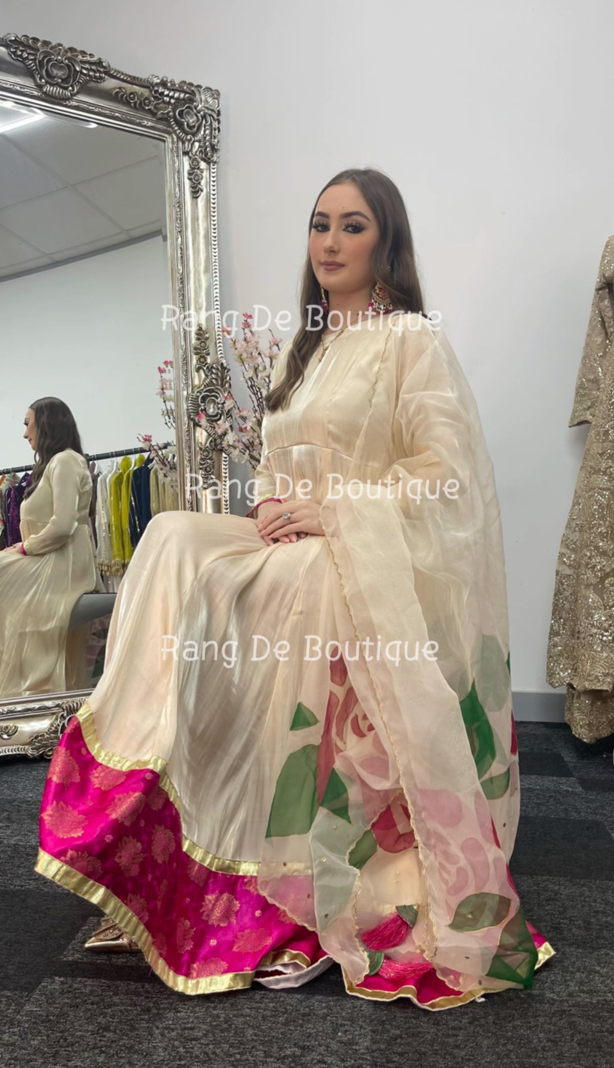 Noor bano - Gold Pishwas with Hand Painted Dupatta -