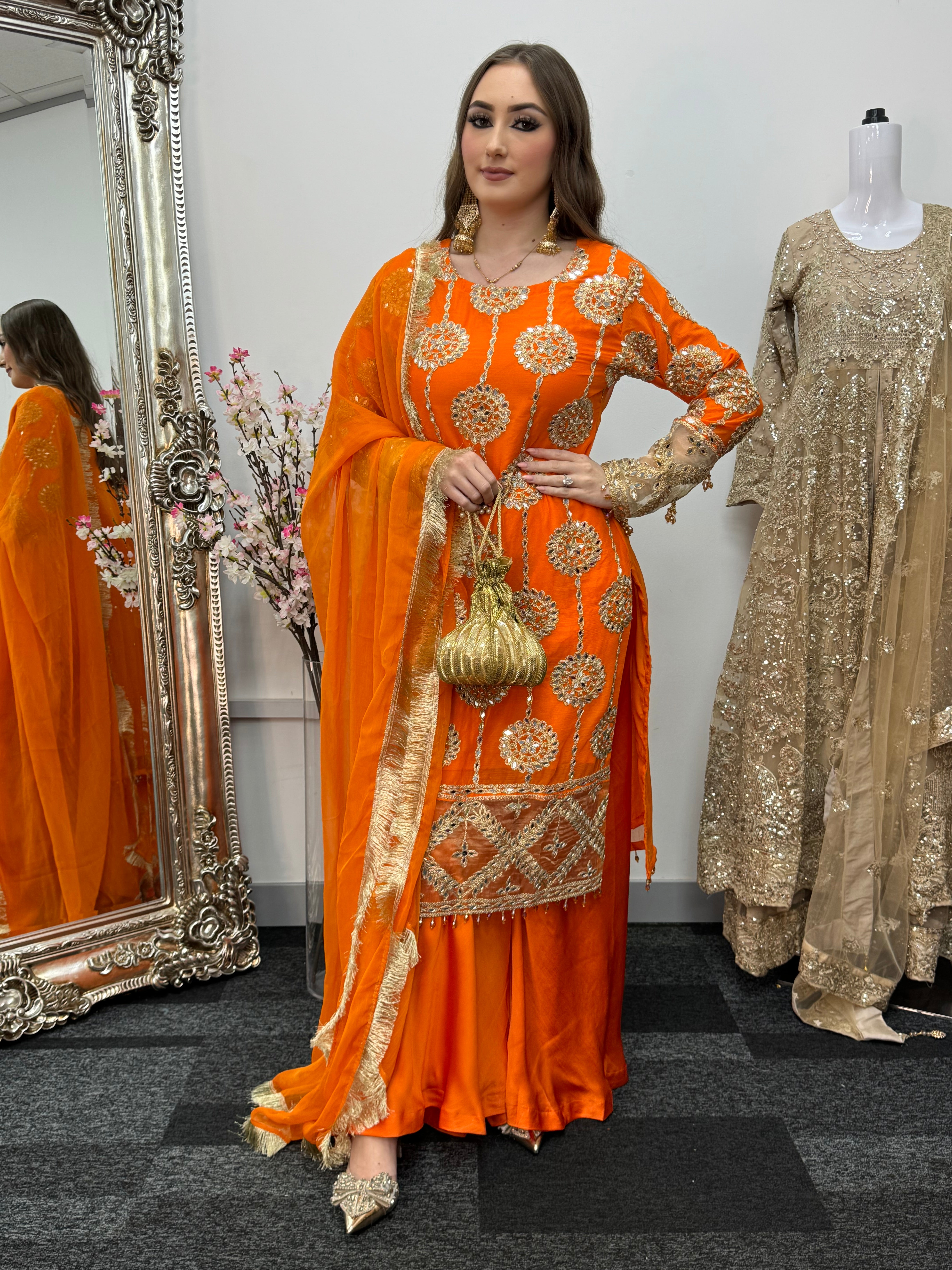 Kiran - Sheesha  Sharara - Orange - Mehndi Outfit- Party Wear-