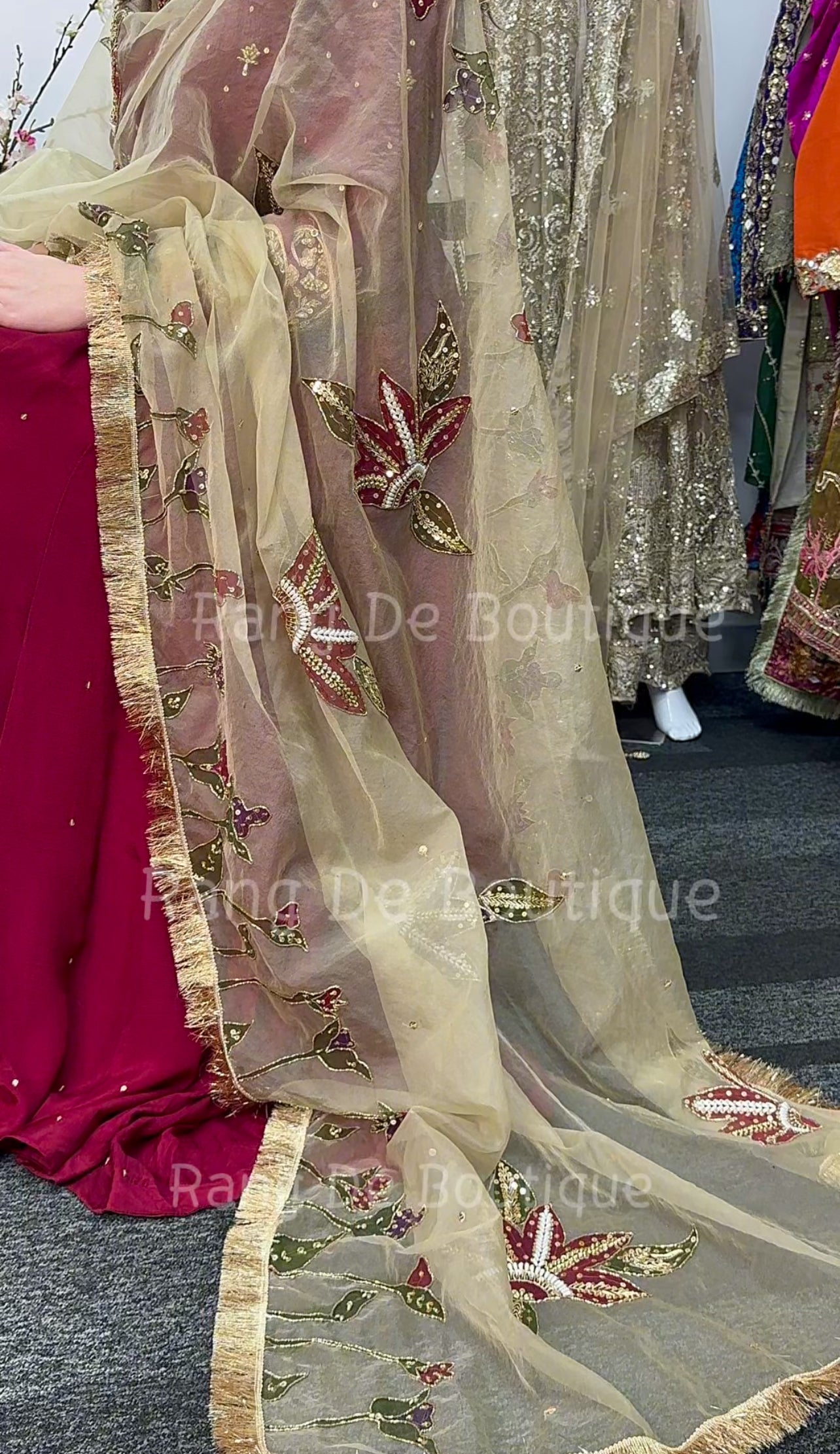 NOOR BANO - Hand Painted Dupatta with Hand Work -Anarkali - Maroon Gold -