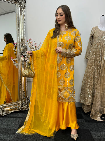 Kiran - Sheesha  Sharara - Yellow - Mehndi Outfit- Party Wear-