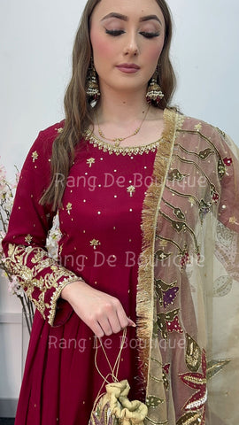 NOOR BANO - Hand Painted Dupatta with Hand Work -Anarkali - Maroon Gold -