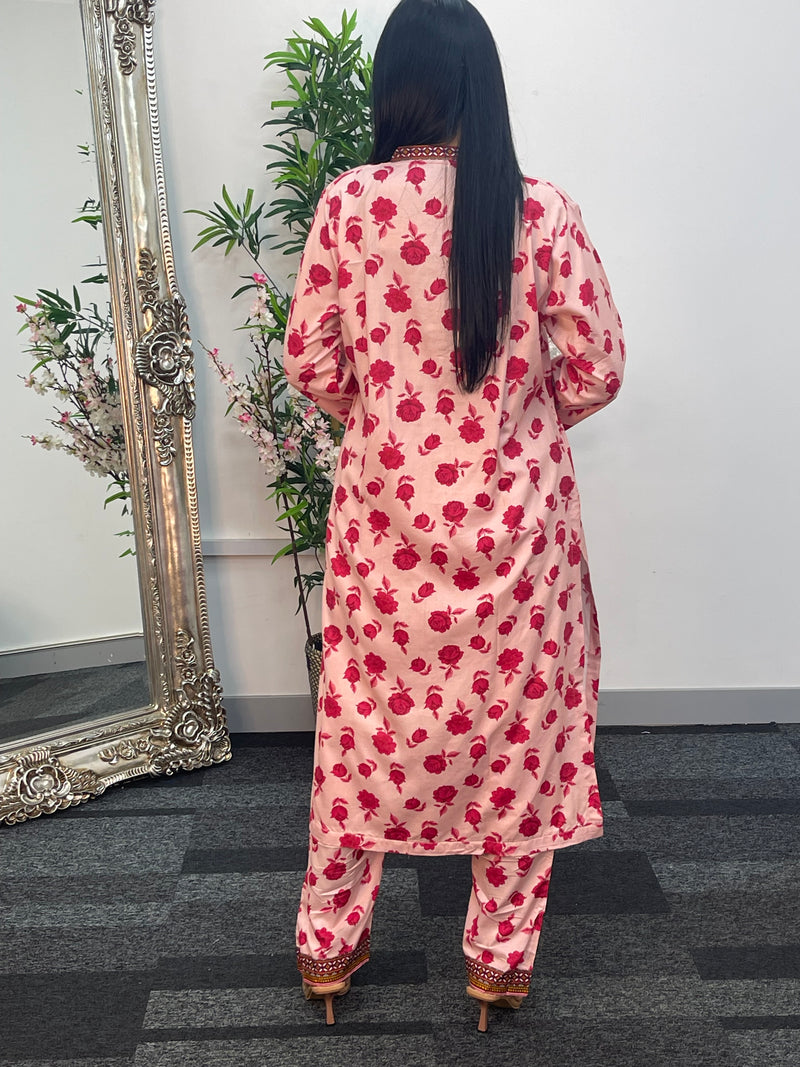 Daily Wear - 2pc Printed Linen - pink Roses