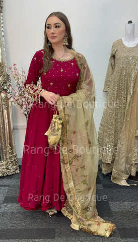 NOOR BANO - Hand Painted Dupatta with Hand Work -Anarkali - Maroon Gold -