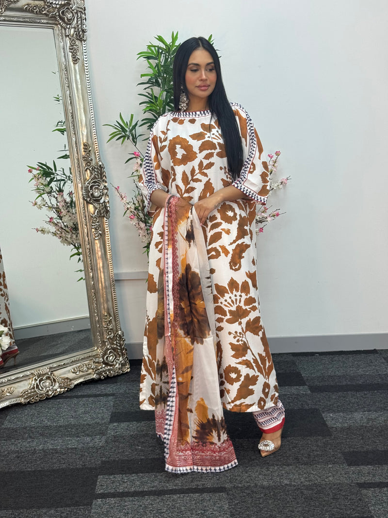 Swiss silk printed kaftan style dress - Brown Kaftaan - 3pc