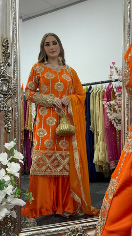 Kiran - Sheesha  Sharara - Orange - Mehndi Outfit- Party Wear-