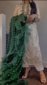 Laila- Banarasi Party Wear - Ivory dress green dupatta