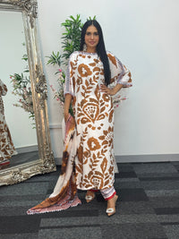 Swiss silk printed kaftan style dress - Brown Kaftaan - 3pc