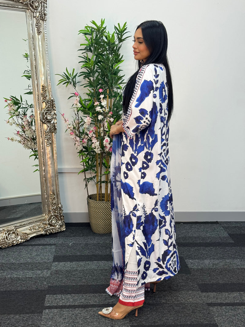 Swiss silk printed kaftan style dress - Blue Kaftaan - 3pc