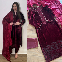 “Wine B” Sheesha X Velvet Maroon Plachi Daman with silk dupatta winter - Rang de Boutique