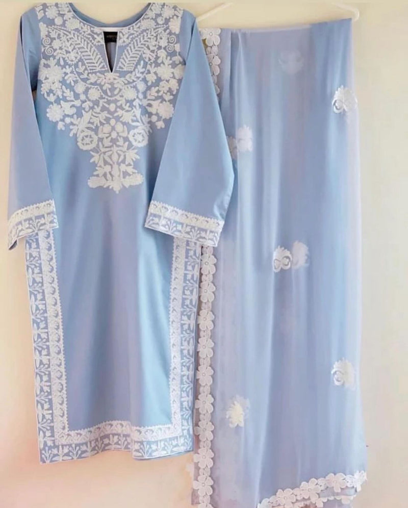 Georgette Beauty Ice Blue - Embroidered Chiffon