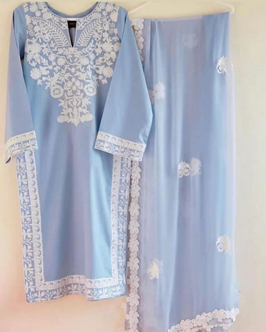 Georgette Beauty Ice Blue - Embroidered Chiffon