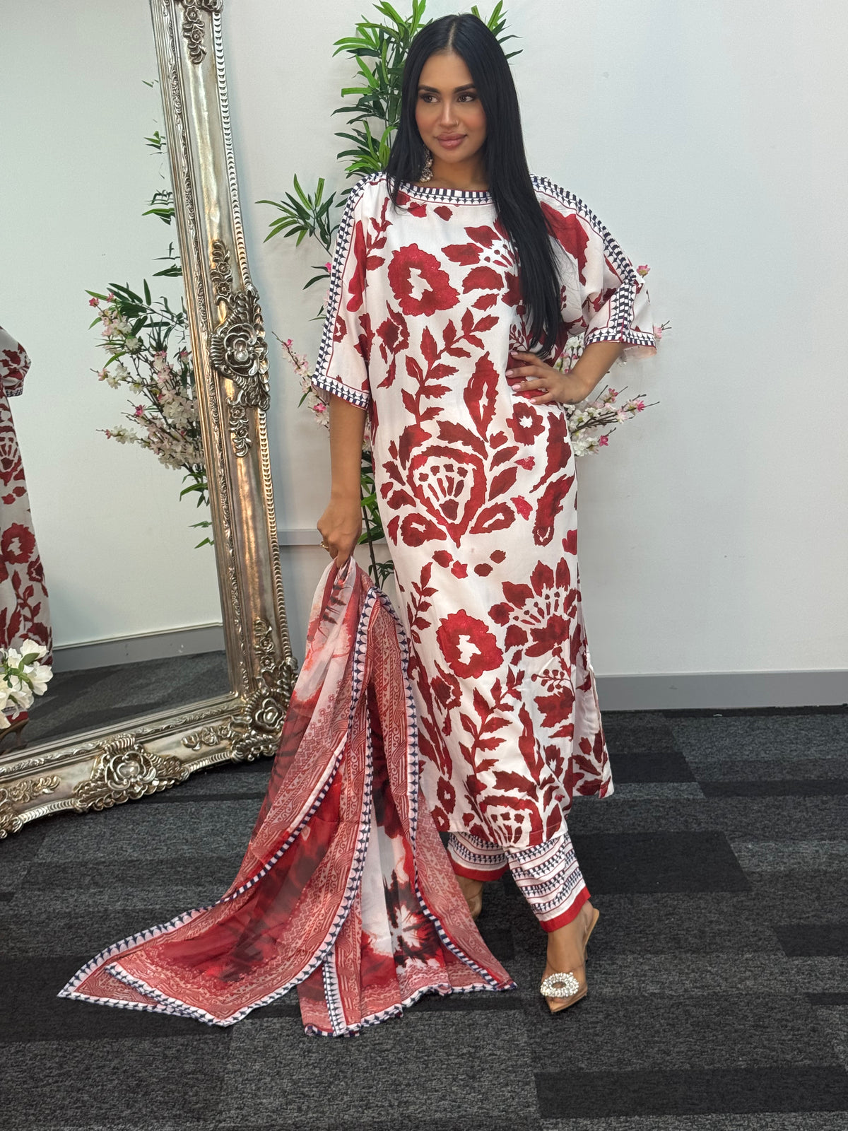 Swiss silk printed kaftan style dress -  Red Kaftaan - 3pc