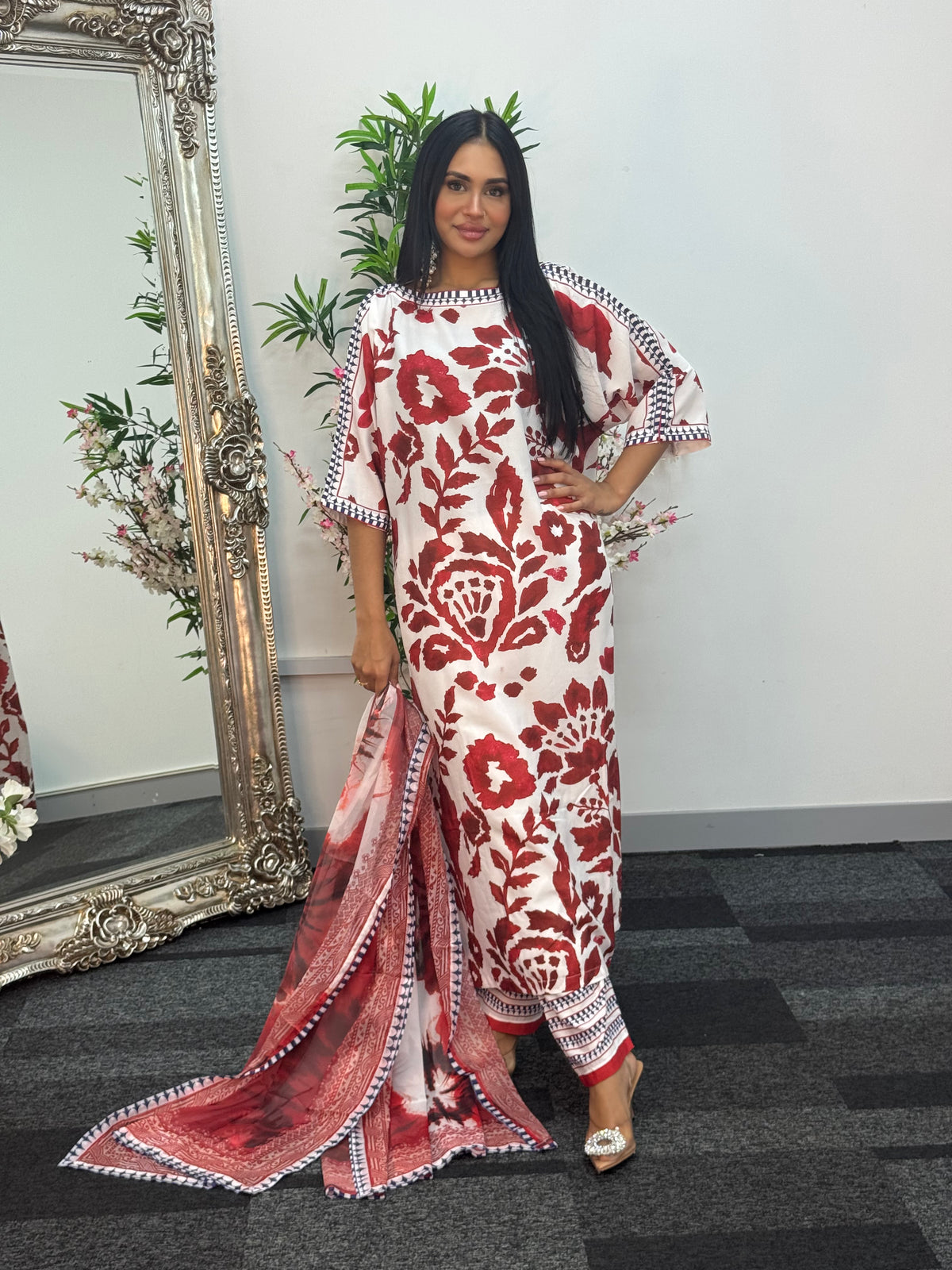 Swiss silk printed kaftan style dress -  Red Kaftaan - 3pc