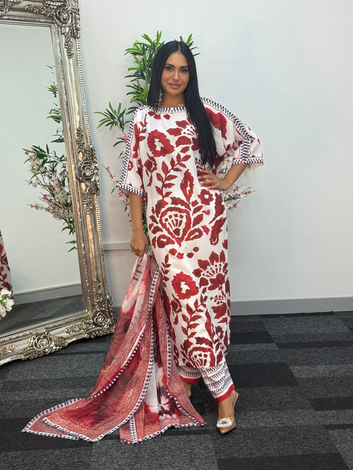 Swiss silk printed kaftan style dress -  Red Kaftaan - 3pc