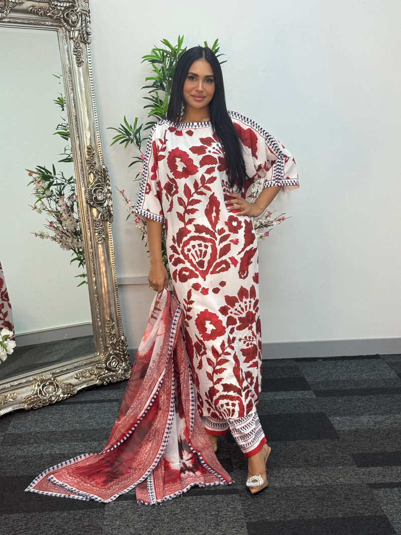 Swiss silk printed kaftan style dress -  Red Kaftaan - 3pc