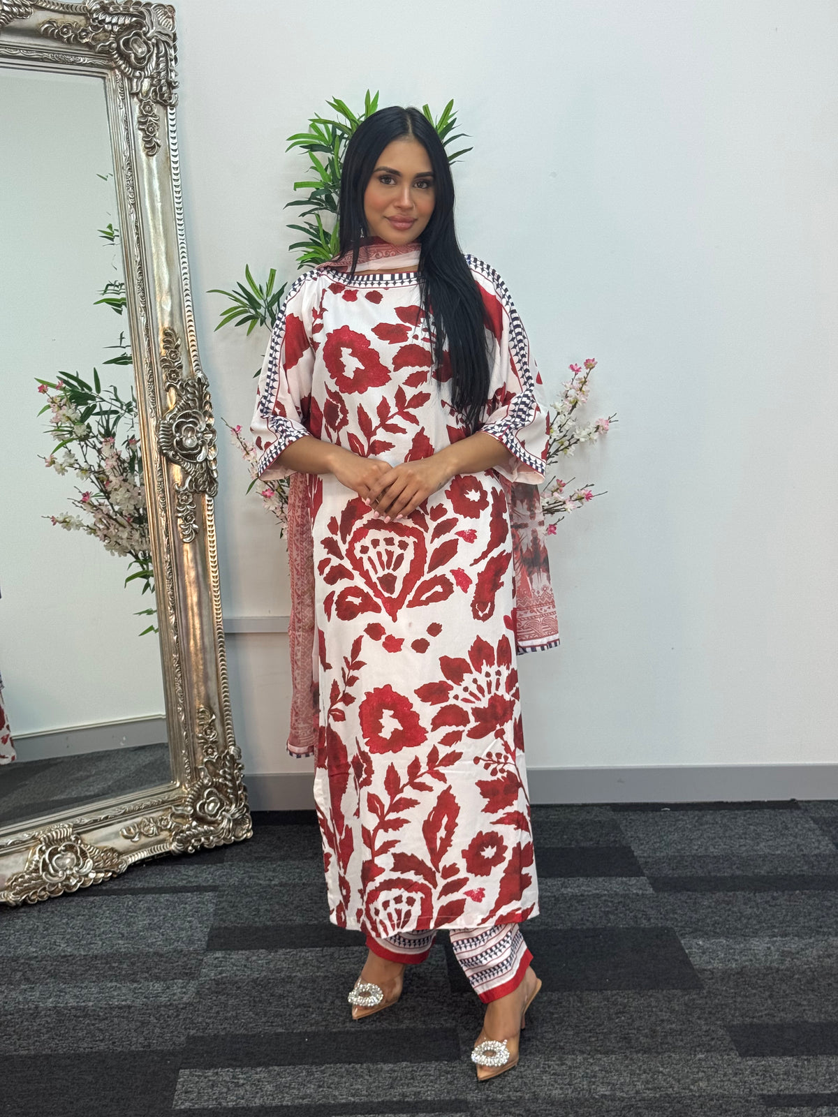 Swiss silk printed kaftan style dress -  Red Kaftaan - 3pc