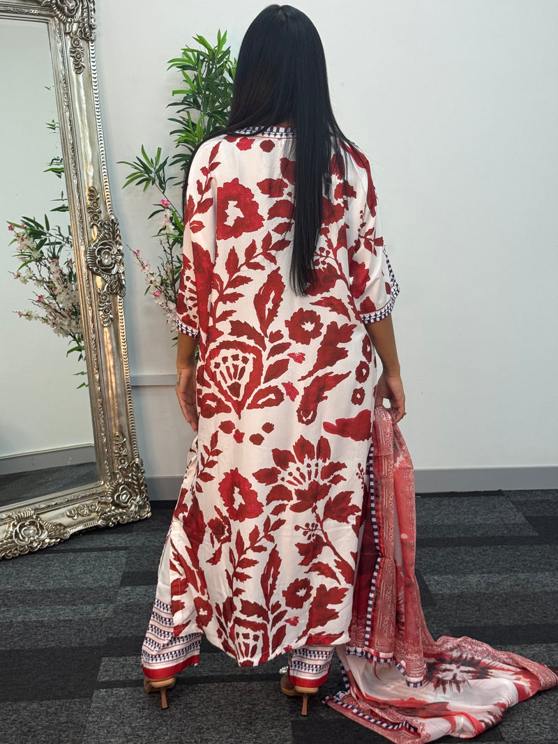 Swiss silk printed kaftan style dress -  Red Kaftaan - 3pc