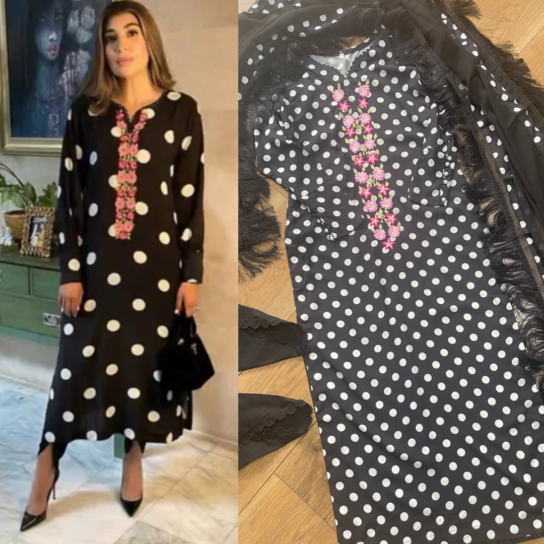 Polka Dots Black & White Casual Summer Lawn Outfit - Rang de Boutique