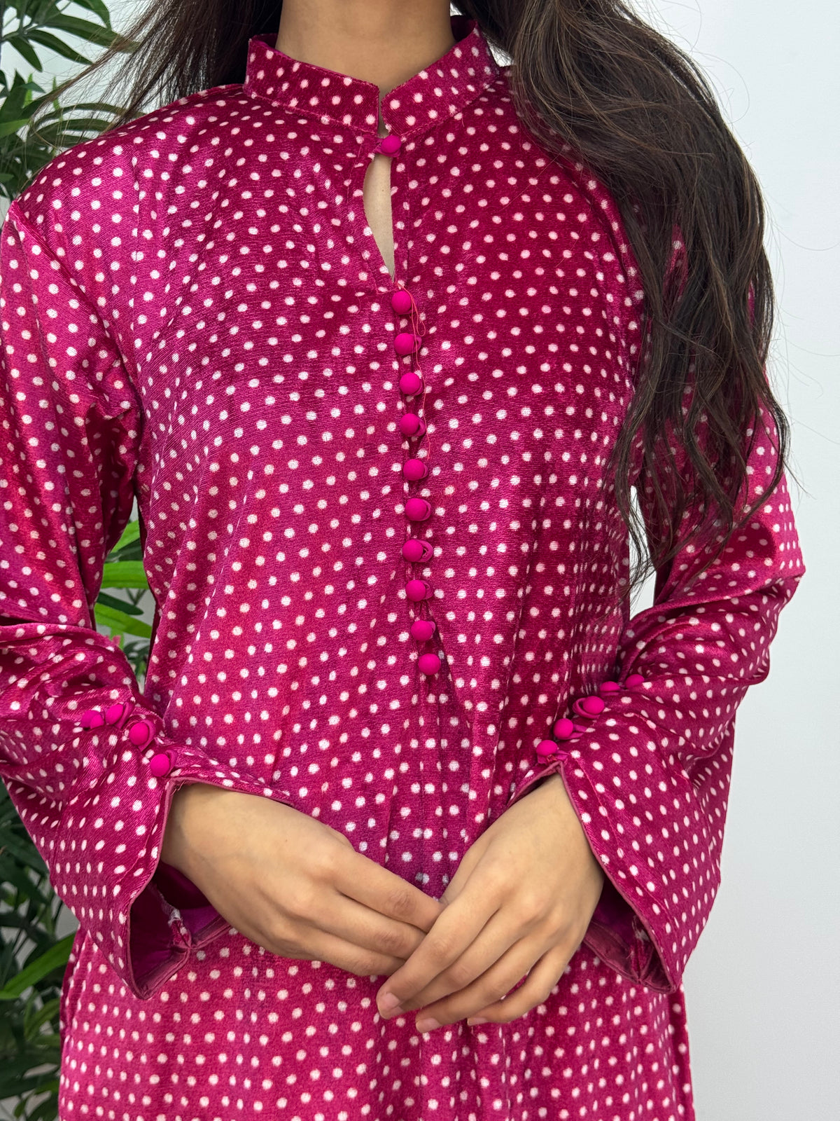 Polka Dots - Shaneel Velvet - Hot Pink