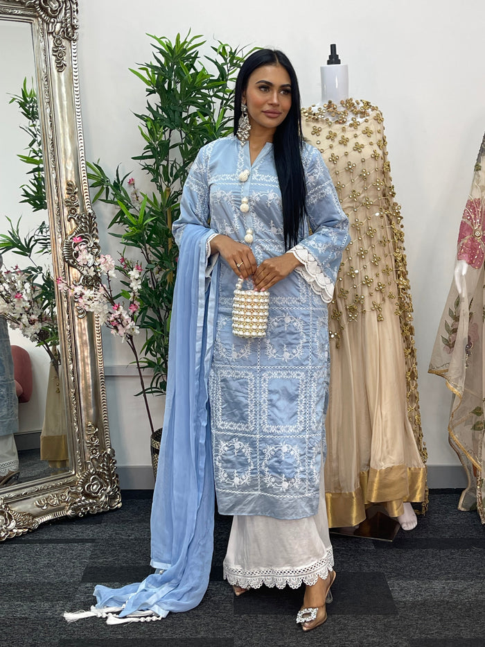 casual women's outfit Paper Lawn | Chikankaari - Blue