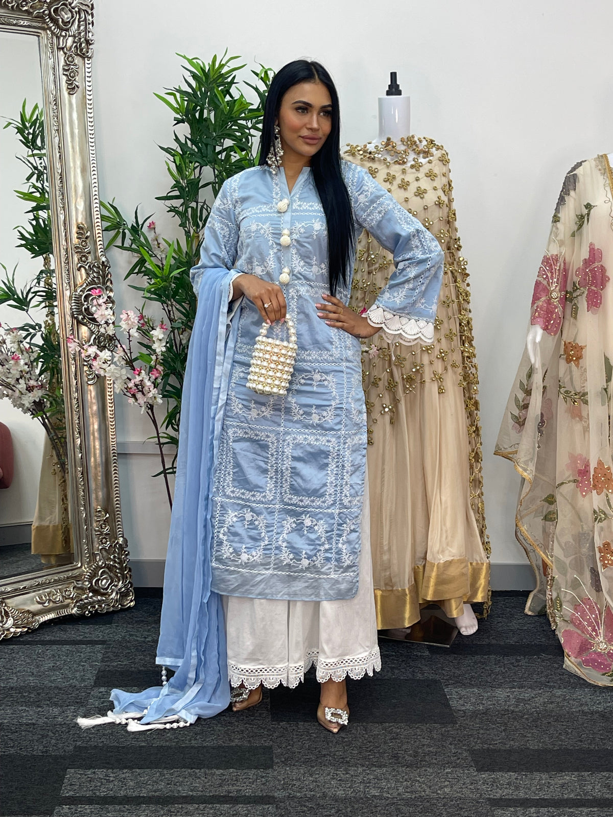 casual women's outfit Paper Lawn | Chikankaari - Blue