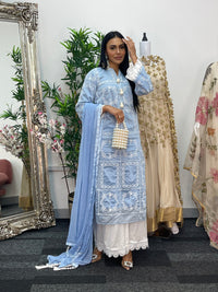 casual women's outfit Paper Lawn | Chikankaari - Blue
