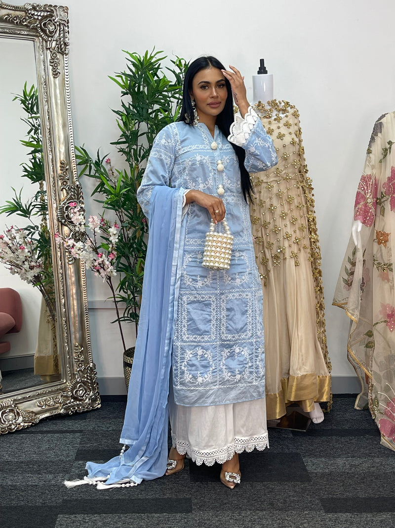 casual women's outfit Paper Lawn | Chikankaari - Blue