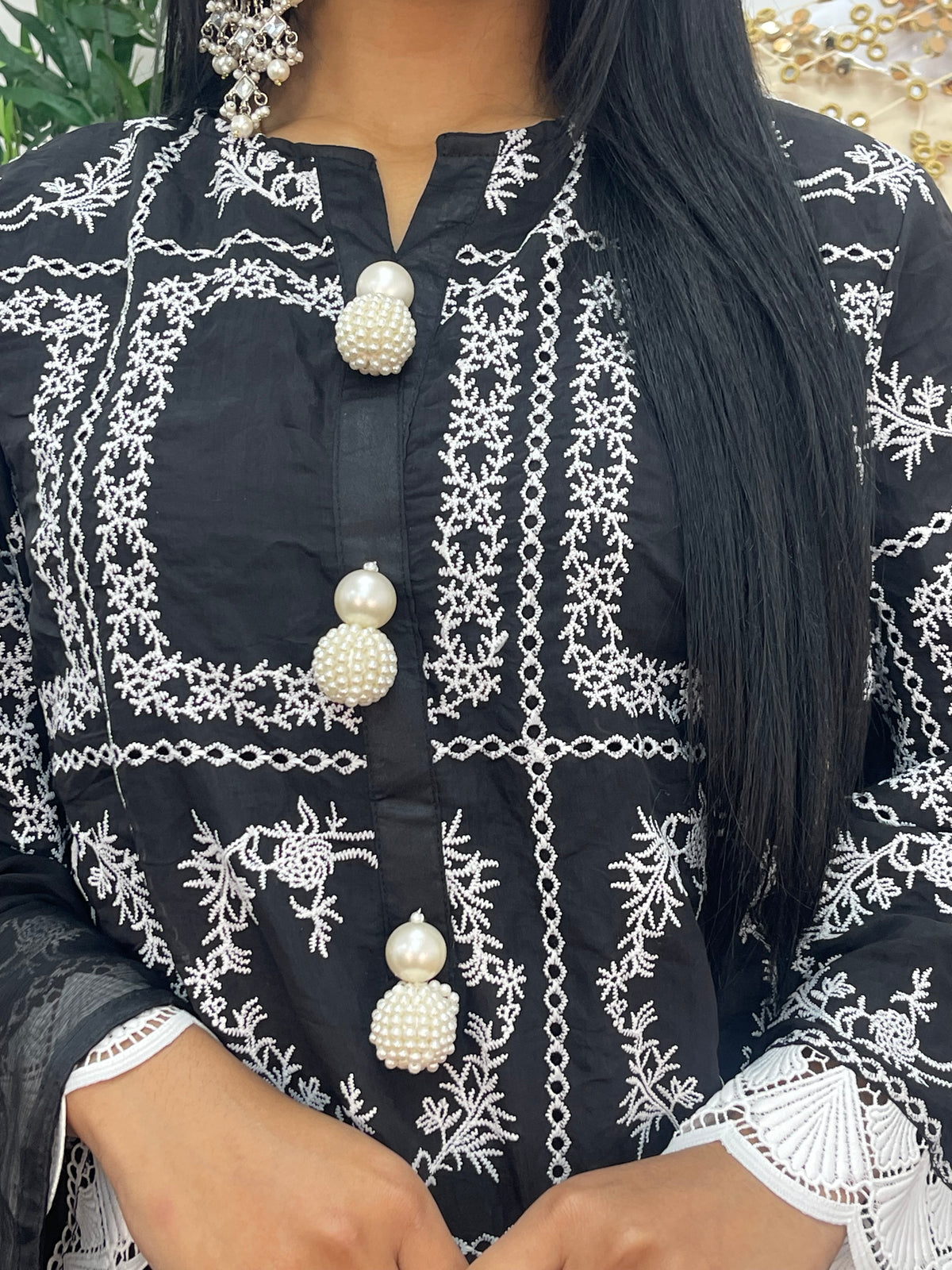casual women's outfit Paper Lawn | Chikankaari - Black