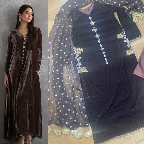 Choco Velvet Pret Brown with Silver and Gold Party Wedding Outfit - Rang de Boutique