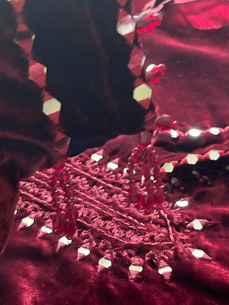 “Wine B” Sheesha X Velvet Maroon Plachi Daman with silk dupatta winter - Rang de Boutique