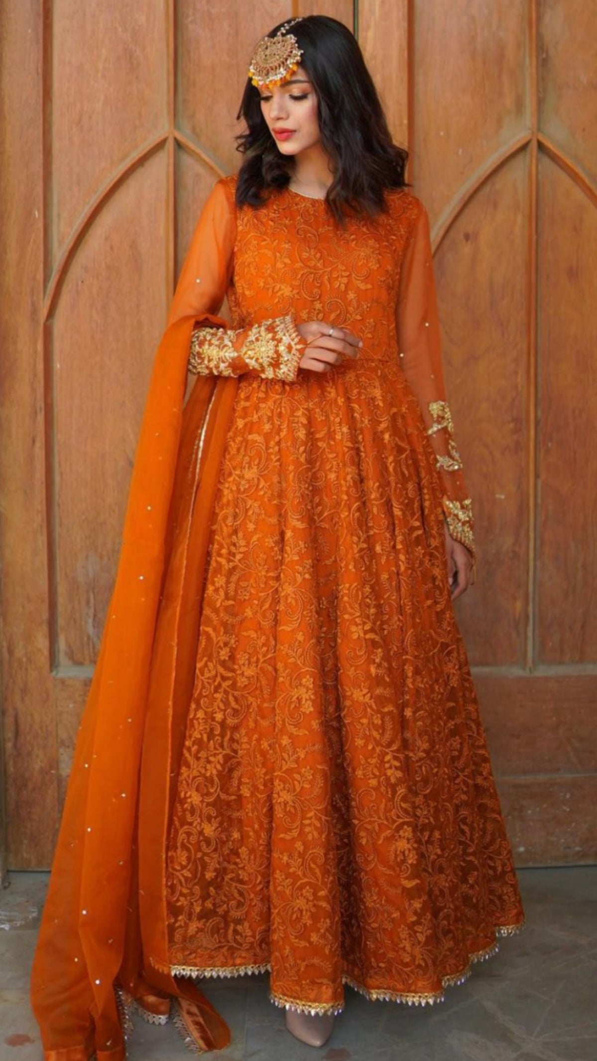 Naran-jee Orange Maxi Frock Mehndi Wedding Outfit - Rang de Boutique