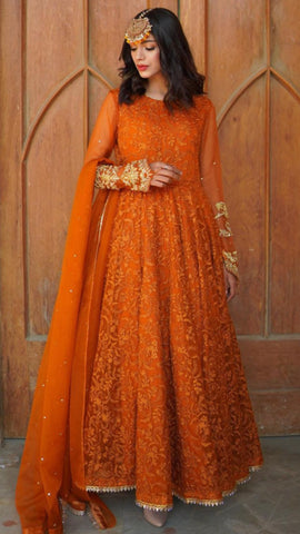 Naran-jee Orange Maxi Frock Mehndi Wedding Outfit - Rang de Boutique