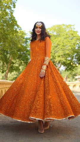 Naran-jee Orange Maxi Frock Mehndi Wedding Outfit - Rang de Boutique