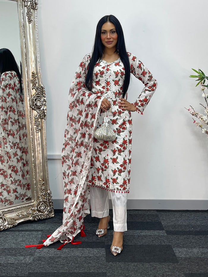 Gulaab Phool - swiss lawn - Chikankaari - T